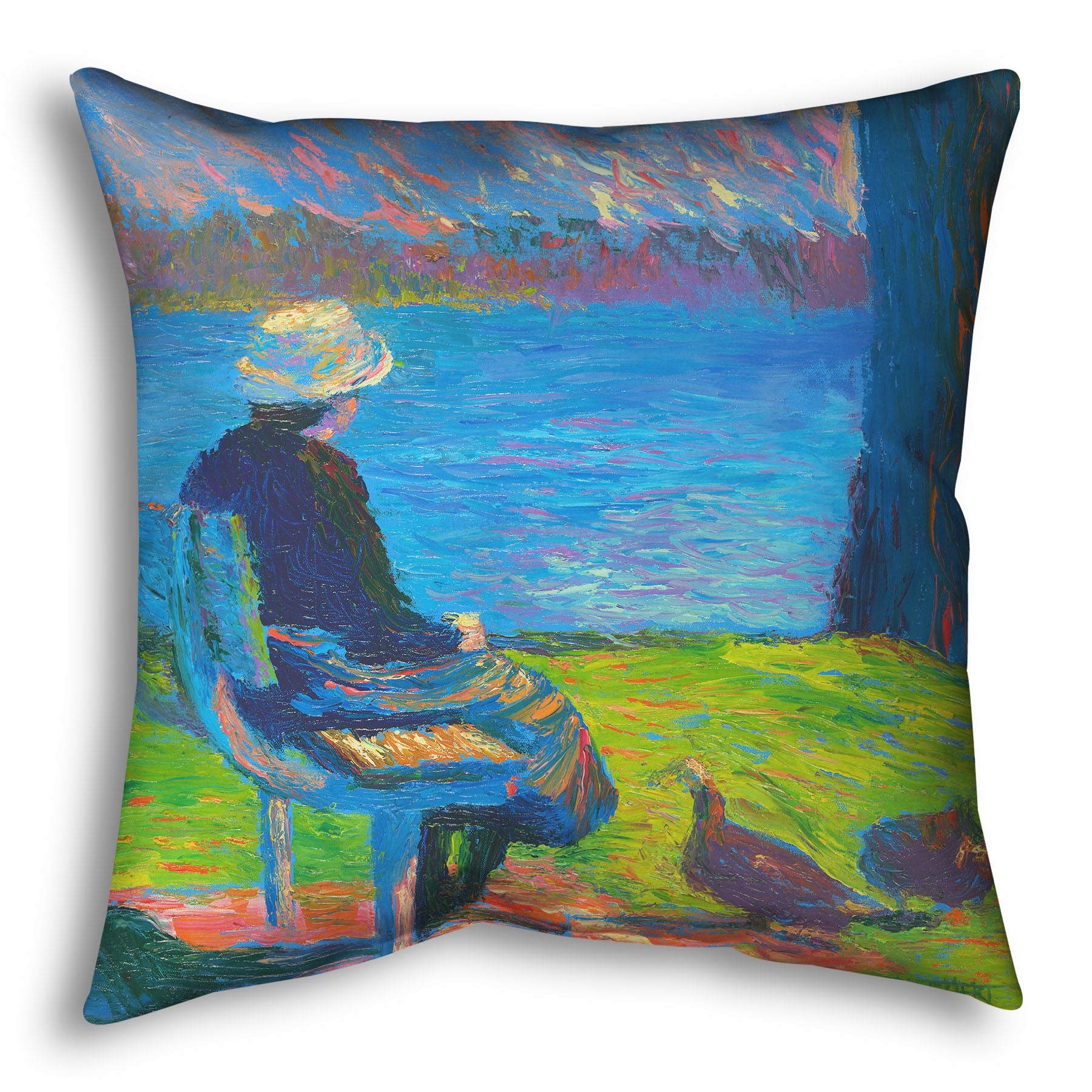 A square throw pillow designed with a peaceful painting of a person sitting on a bench by a lake, accompanied by two ducks on the ground.