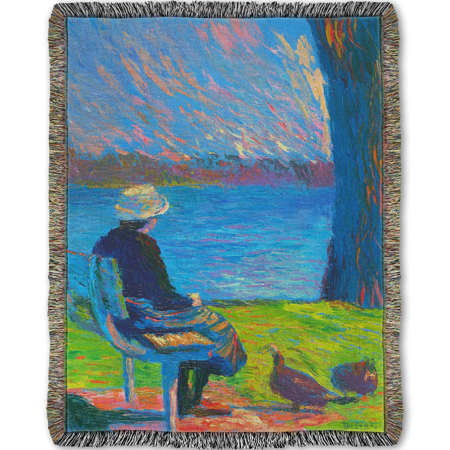 A woven throw blanket designed with a peaceful painting of a person sitting on a bench by a lake, accompanied by two ducks on the ground.