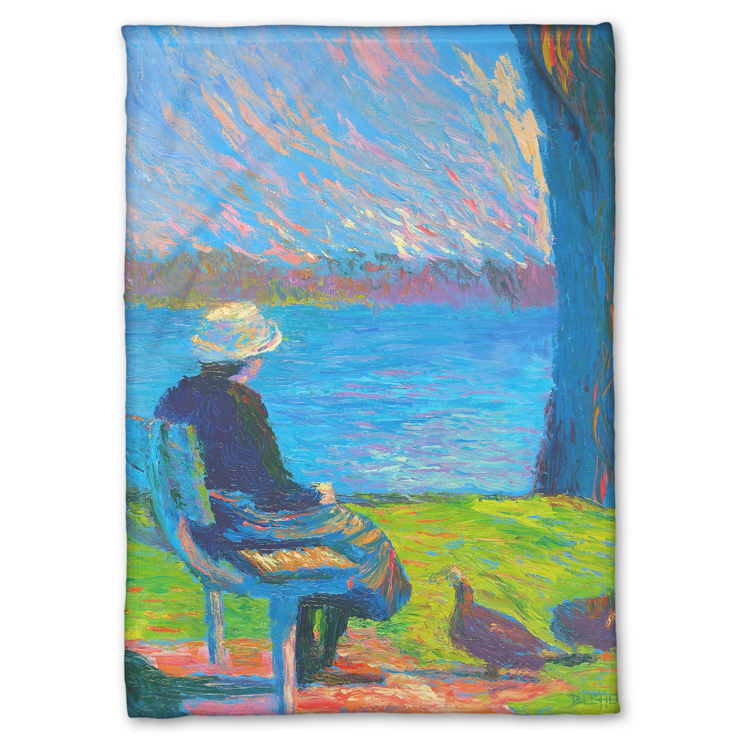 A fleece throw blanket designed with a peaceful painting of a person sitting on a bench by a lake, accompanied by two ducks on the ground.