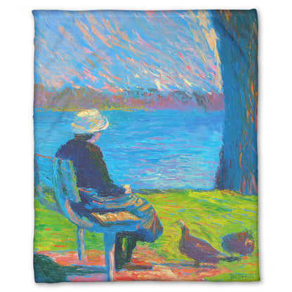 A fleece throw blanket designed with a peaceful painting of a person sitting on a bench by a lake, accompanied by two ducks on the ground.