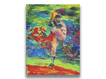 A painting of a baseball pitcher preparing a throw, with a vibrant backround of green, blue, and red. Printed on canvas.