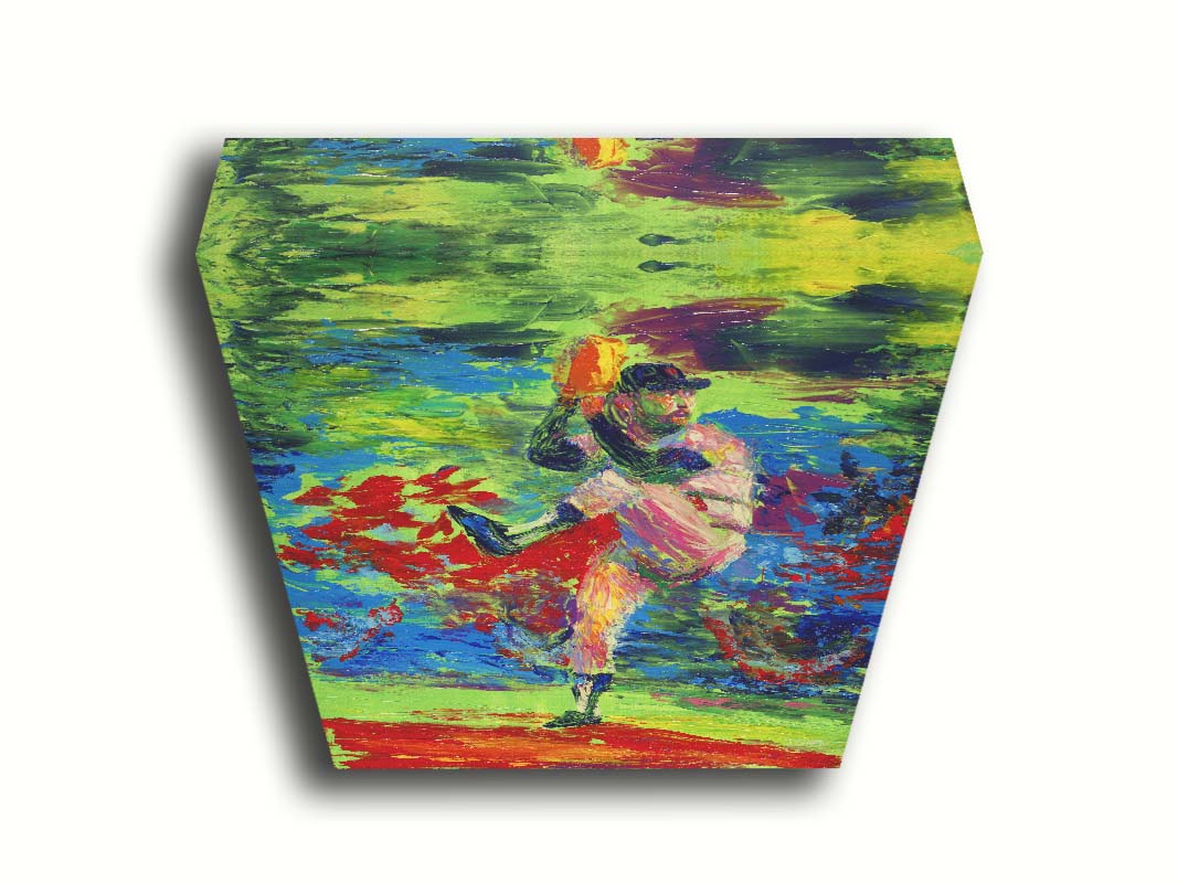 A painting of a baseball pitcher preparing a throw, with a vibrant background of green, blue, and red. Printed on canvas.