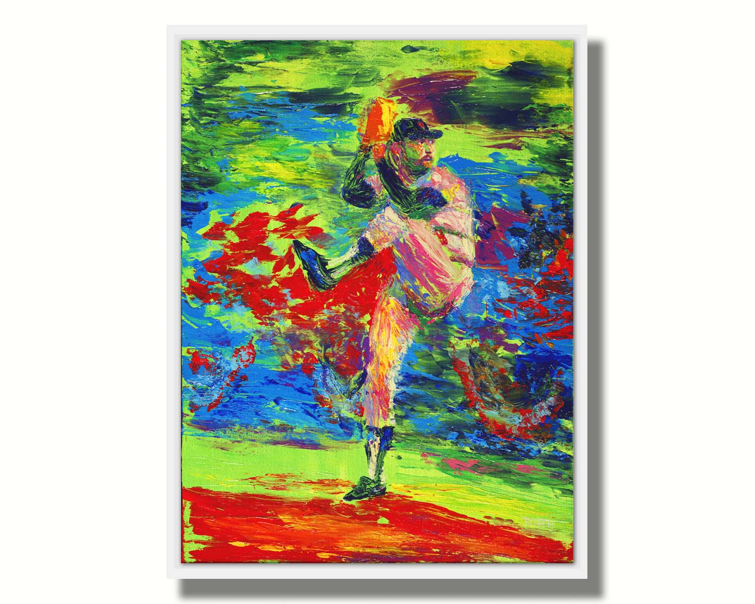 A painting of a baseball pitcher preparing a throw, with a vibrant backround of green, blue, and red. Printed on canvas in a float frame.