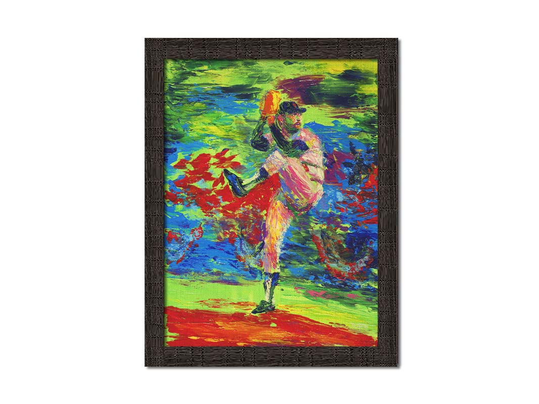 A painting of a baseball pitcher preparing a throw, with a vibrant backround of green, blue, and red. Printed on canvas and framed.