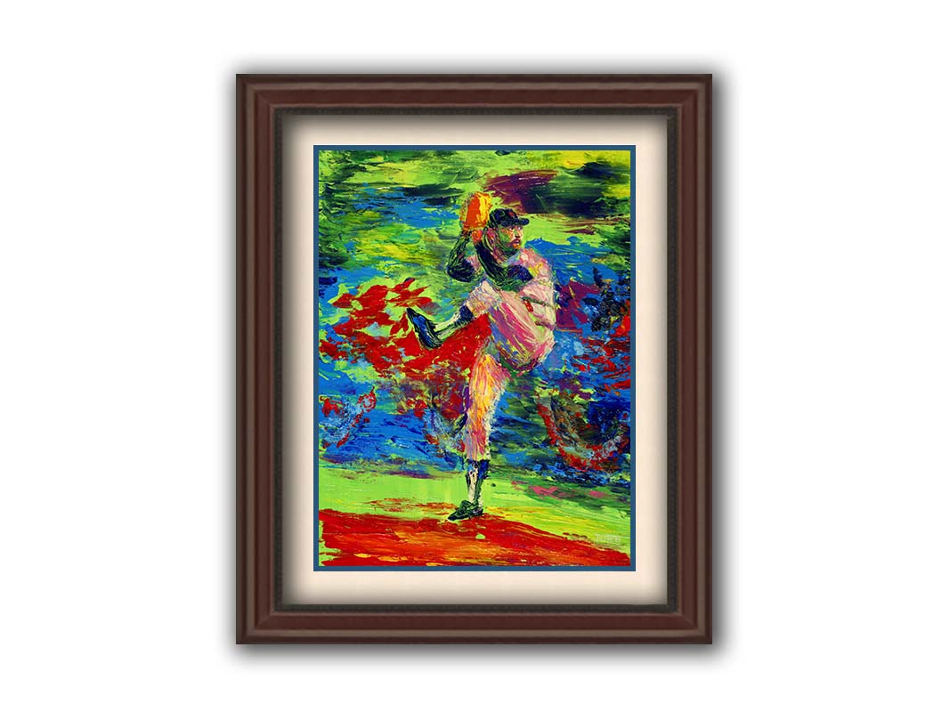 A painting of a baseball pitcher preparing a throw, with a vibrant backround of green, blue, and red. Printed on paper, matted, and framed.