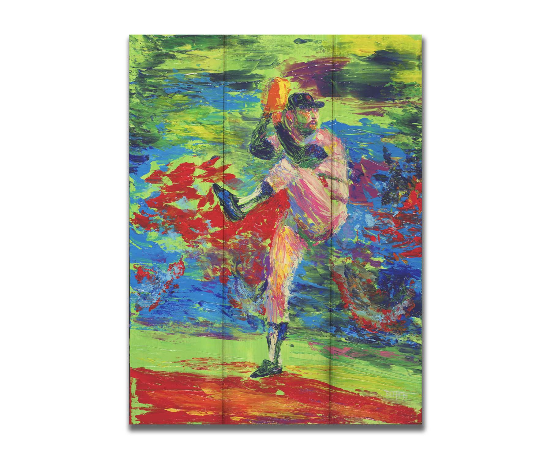 A painting of a baseball pitcher preparing a throw, with a vibrant background of green, blue, and red. Printed on a box board.