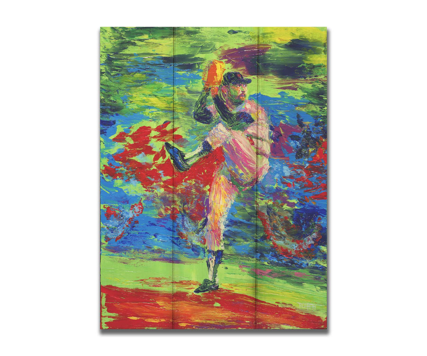 A painting of a baseball pitcher preparing a throw, with a vibrant backround of green, blue, and red. Printed on a box board.