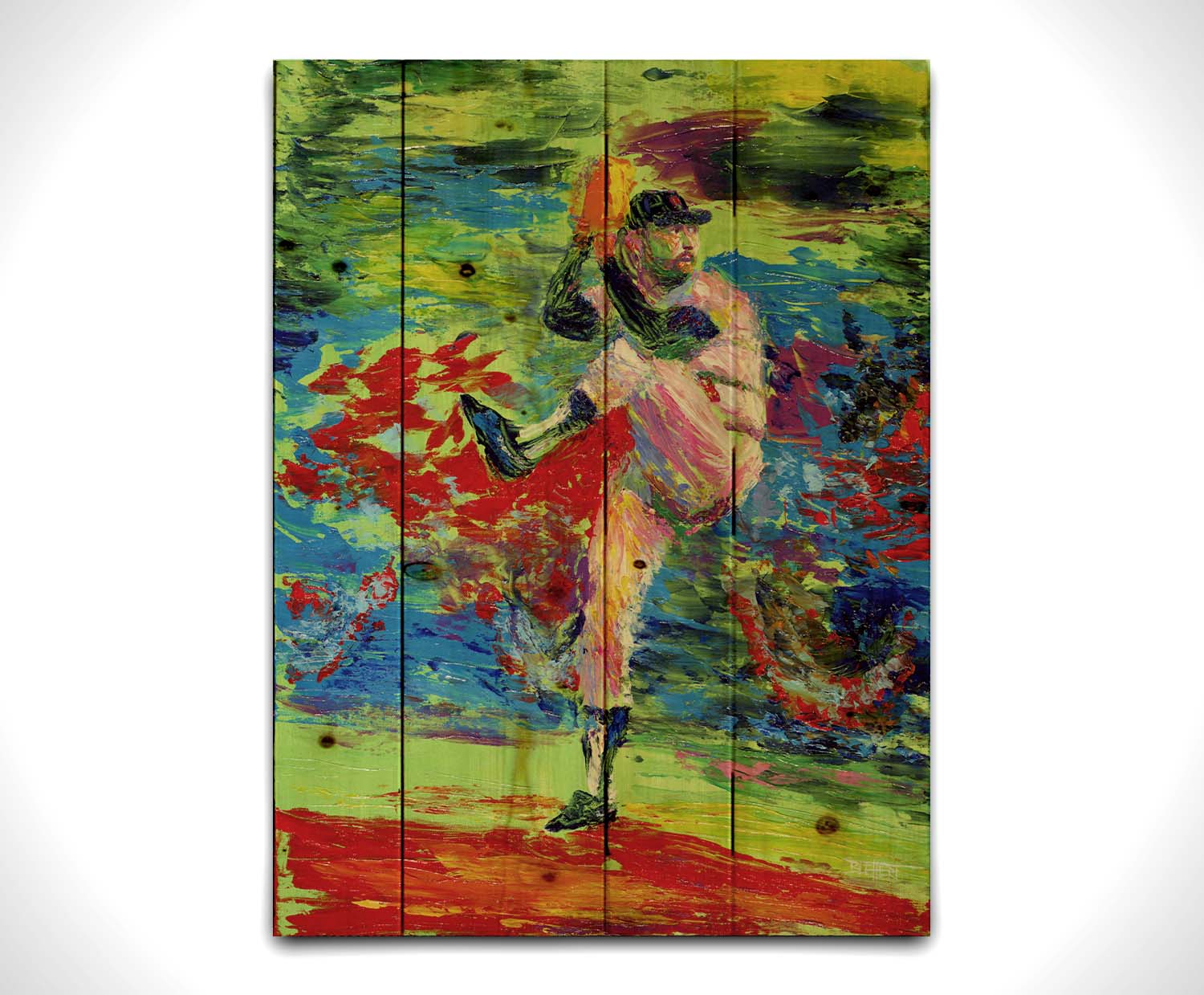 A painting of a baseball pitcher preparing a throw, with a vibrant background of green, blue, and red. Printed on a wood pallet.