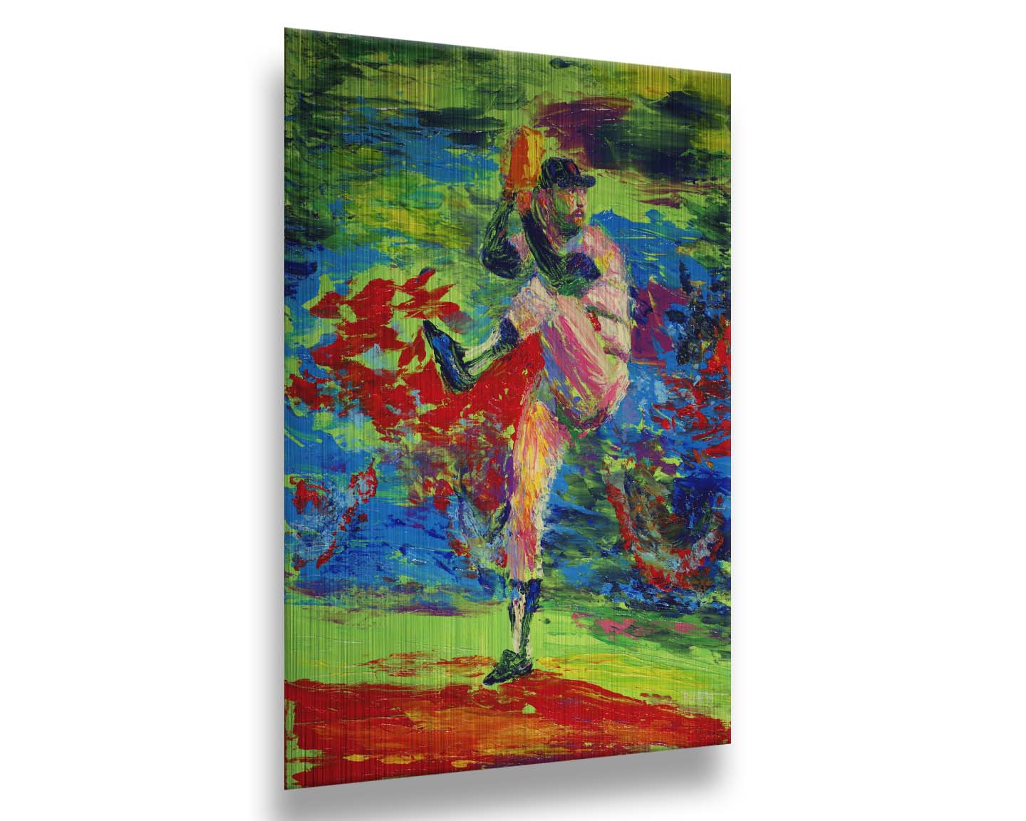 A painting of a baseball pitcher preparing a throw, with a vibrant background of green, blue, and red. Printed on metal.