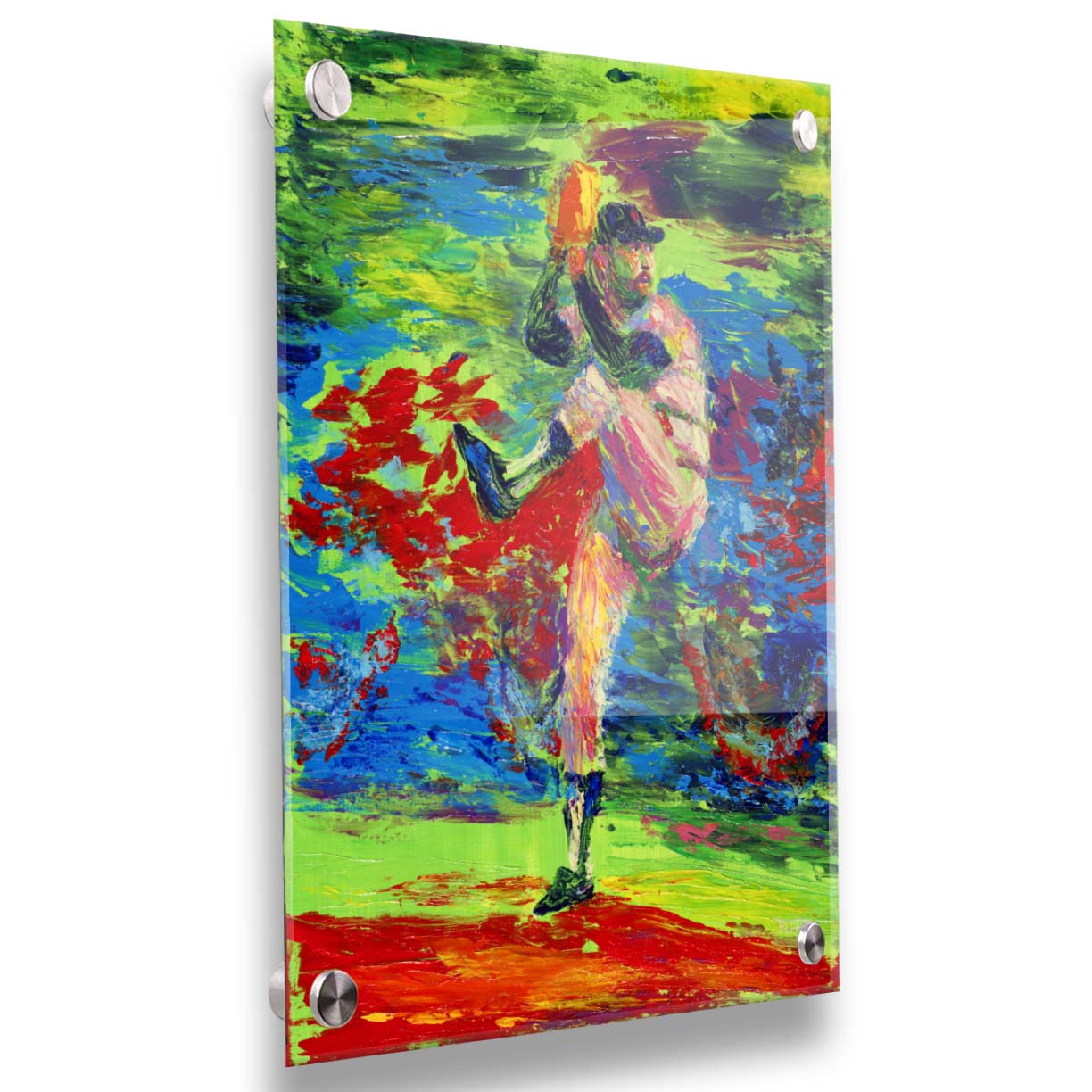 A painting of a baseball pitcher preparing a throw, with a vibrant background of green, blue, and red. Printed on acrylic.