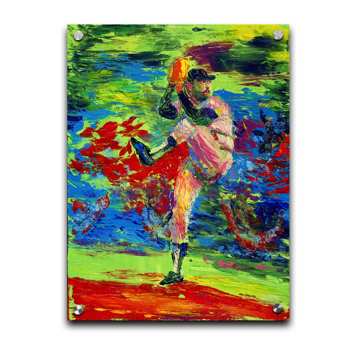 A painting of a baseball pitcher preparing a throw, with a vibrant backround of green, blue, and red. Printed on acrylic.