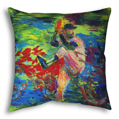 Square throw pillow designed with a painting of a baseball pitcher preparing a throw, with a vibrant background of green, blue, and red.