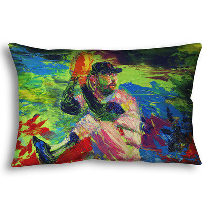 Rectangular throw pillow designed with a painting of a baseball pitcher preparing a throw, with a vibrant background of green, blue, and red.