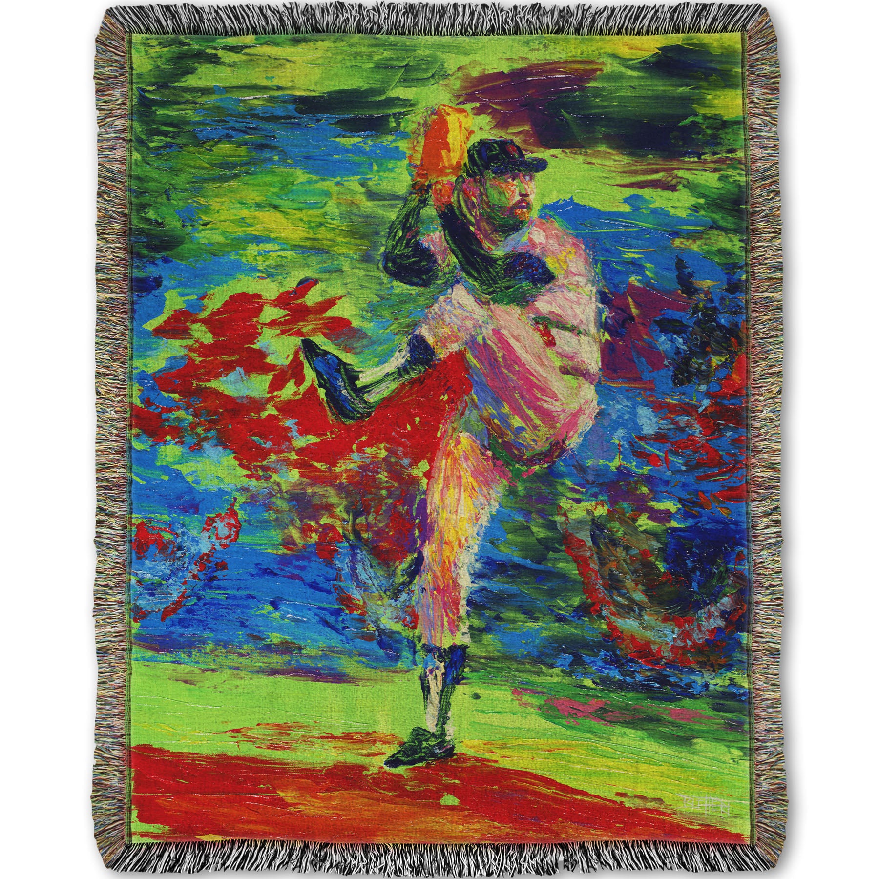 Woven throw blanket designed with a painting of a baseball pitcher preparing a throw, with a vibrant background of green, blue, and red.