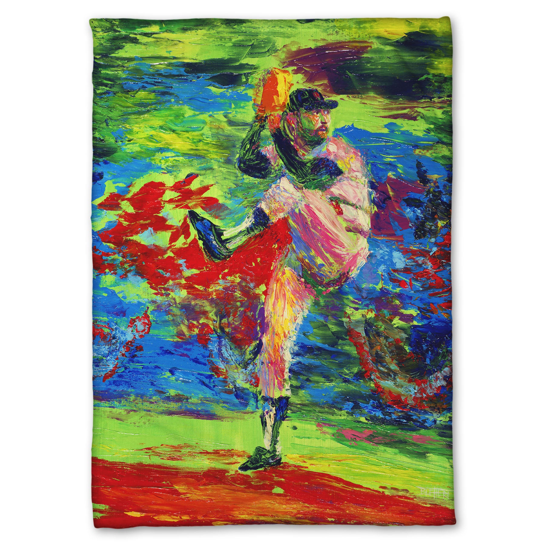 Fleece throw blanket designed with a painting of a baseball pitcher preparing a throw, with a vibrant background of green, blue, and red.
