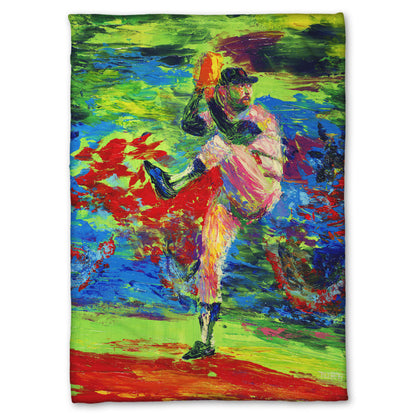 Fleece throw blanket designed with a painting of a baseball pitcher preparing a throw, with a vibrant background of green, blue, and red.