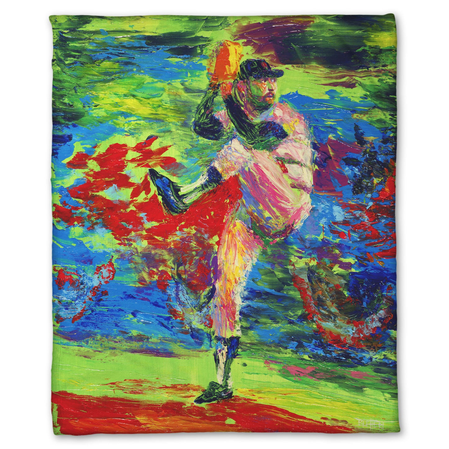Fleece throw blanket designed with a painting of a baseball pitcher preparing a throw, with a vibrant background of green, blue, and red.