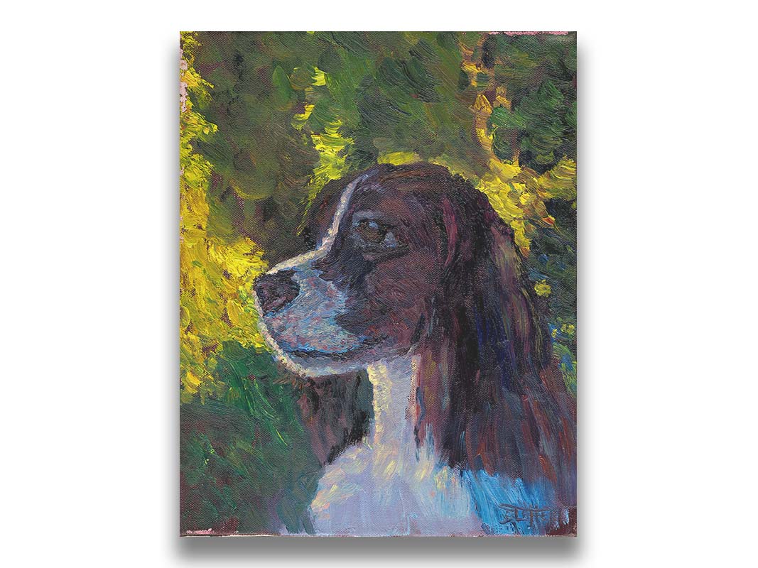 A painting of a brown and white spaniel dog, against a background of greens suggestinng foliage. Printed on canvas.