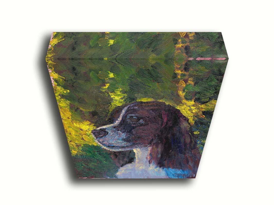 A painting of a brown and white spaniel dog, against a background of greens suggestinng foliage. Printed on canvas.