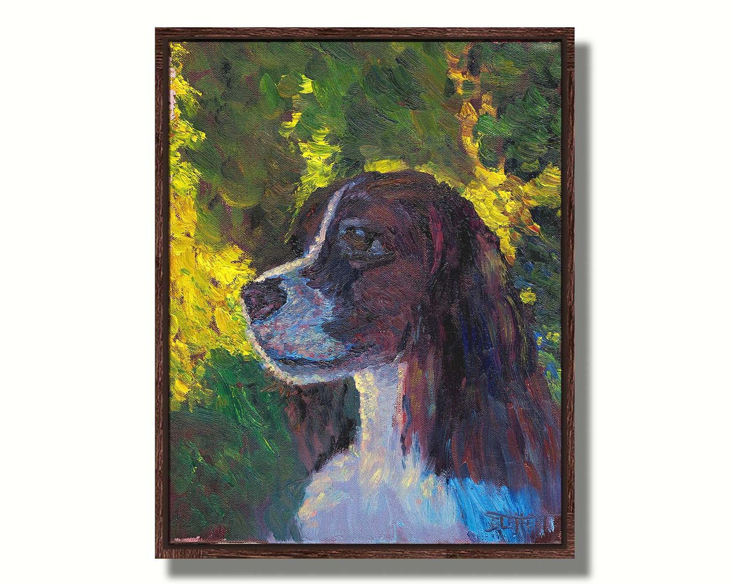 A painting of a brown and white spaniel dog, against a background of greens suggestinng foliage. Printed on canvas in a float frame.