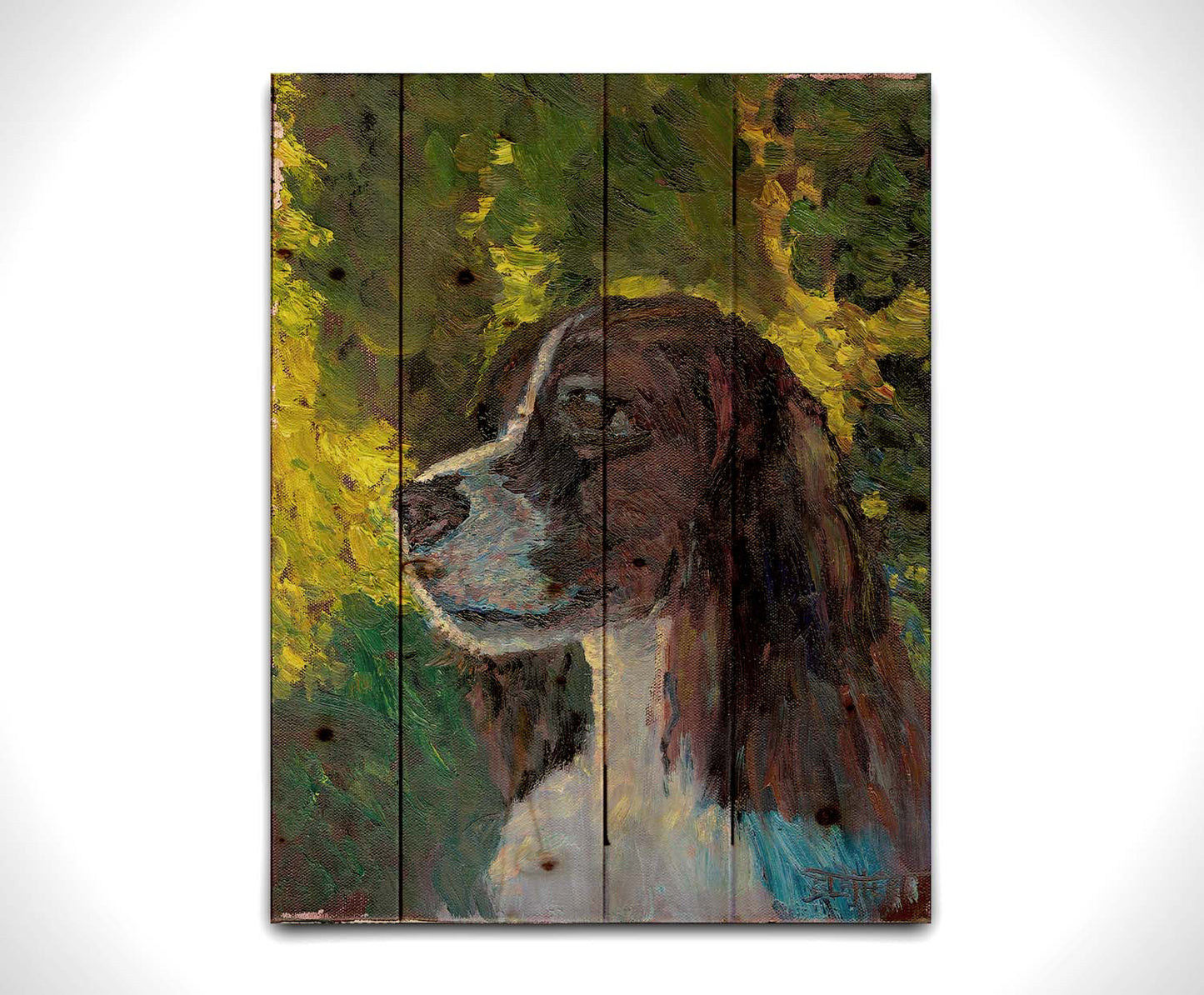 A painting of a brown and white spaniel dog, against a background of greens suggestinng foliage. Printed on a wood pallet.