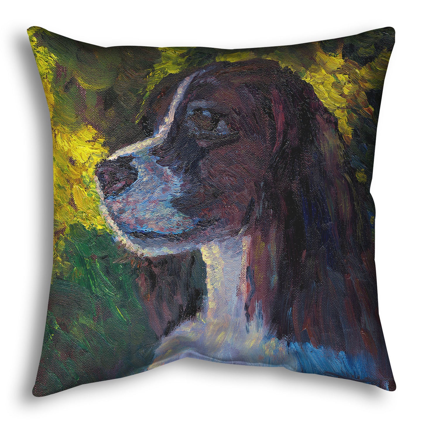 Square throw pillow designed with a painting of a brown and white spaniel dog, against a background of greens suggesting foliage.