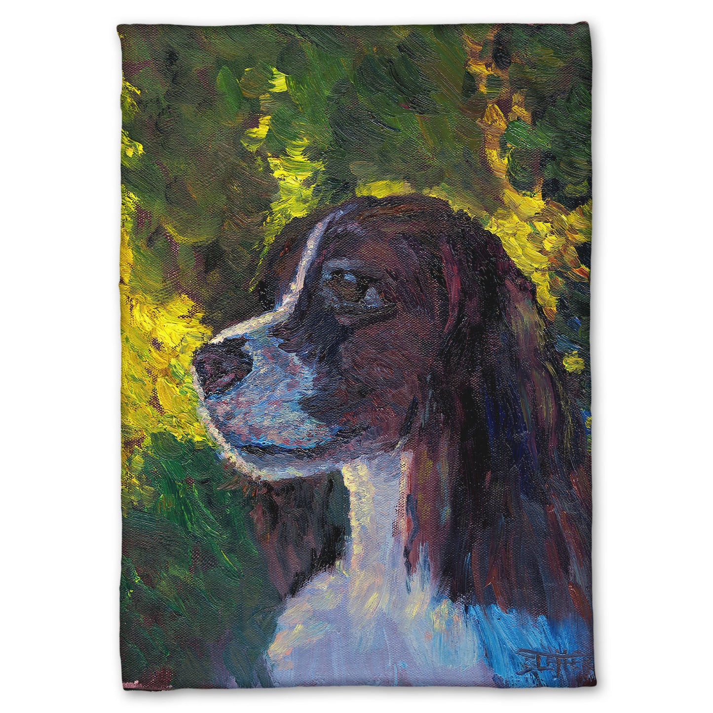 Fleece throw blanket designed with a painting of a brown and white spaniel dog, against a background of greens suggesting foliage.