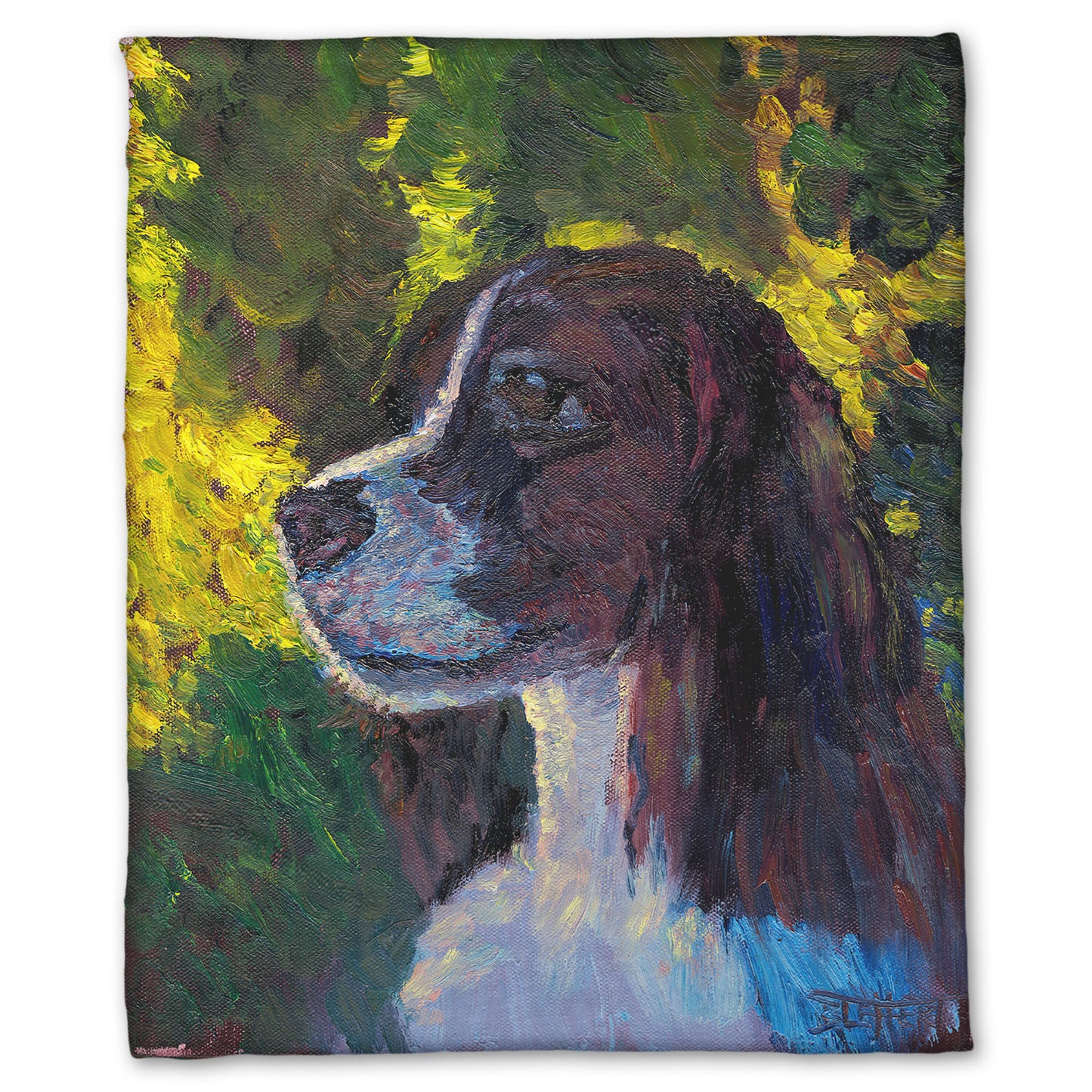 Fleece throw blanket designed with a painting of a brown and white spaniel dog, against a background of greens suggesting foliage.