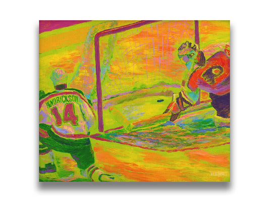 A painting of two hockey players. One tried to guard the goal, while the other successfluly has scored. The painting is made with vibrant arbitrary color, the ice being shown in bright yellows, oranges, and greens. Printed on canvas.