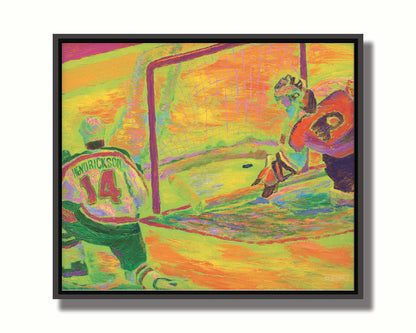 A painting of two hockey players. One tried to guard the goal, while the other successfluly has scored. The painting is made with vibrant arbitrary color, the ice being shown in bright yellows, oranges, and greens. Printed on canvas in a float frame.