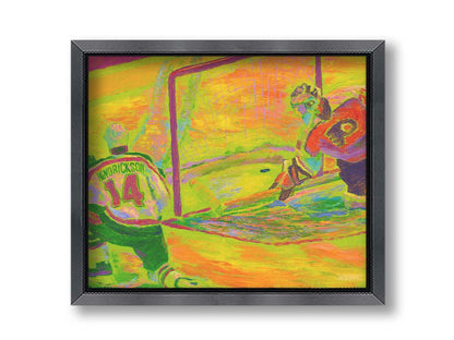 A painting of two hockey players. One tried to guard the goal, while the other successfluly has scored. The painting is made with vibrant arbitrary color, the ice being shown in bright yellows, oranges, and greens. Printed on canvas and framed.