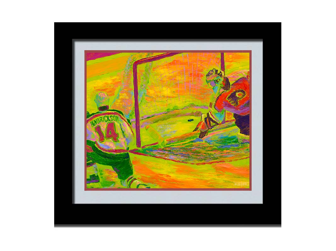 A painting of two hockey players. One tried to guard the goal, while the other successfluly has scored. The painting is made with vibrant arbitrary color, the ice being shown in bright yellows, oranges, and greens. Printed on paper, matted, and framed.