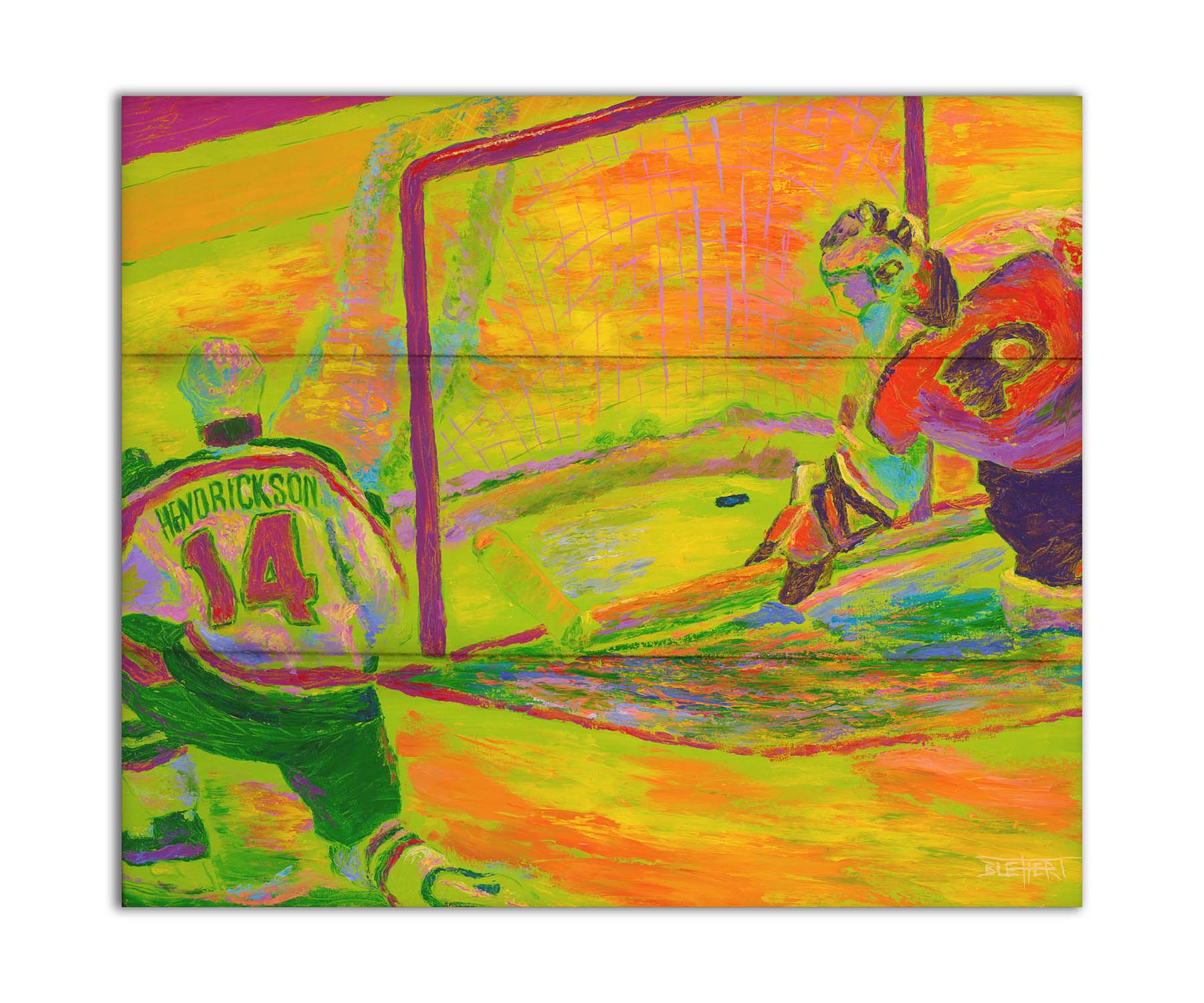 A painting of two hockey players. One tried to guard the goal, while the other successfluly has scored. The painting is made with vibrant arbitrary color, the ice being shown in bright yellows, oranges, and greens. Printed on a box board.