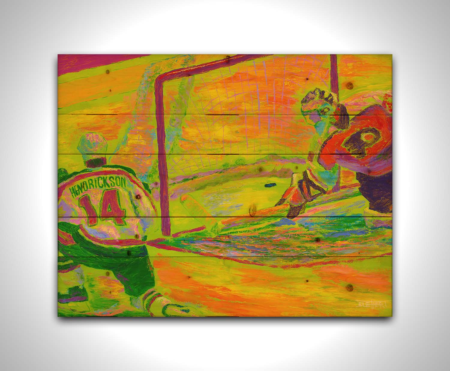 A painting of two hockey players. One tried to guard the goal, while the other successfluly has scored. The painting is made with vibrant arbitrary color, the ice being shown in bright yellows, oranges, and greens. Printed on a wood pallet.