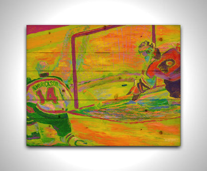 A painting of two hockey players. One tried to guard the goal, while the other successfluly has scored. The painting is made with vibrant arbitrary color, the ice being shown in bright yellows, oranges, and greens. Printed on a wood pallet.