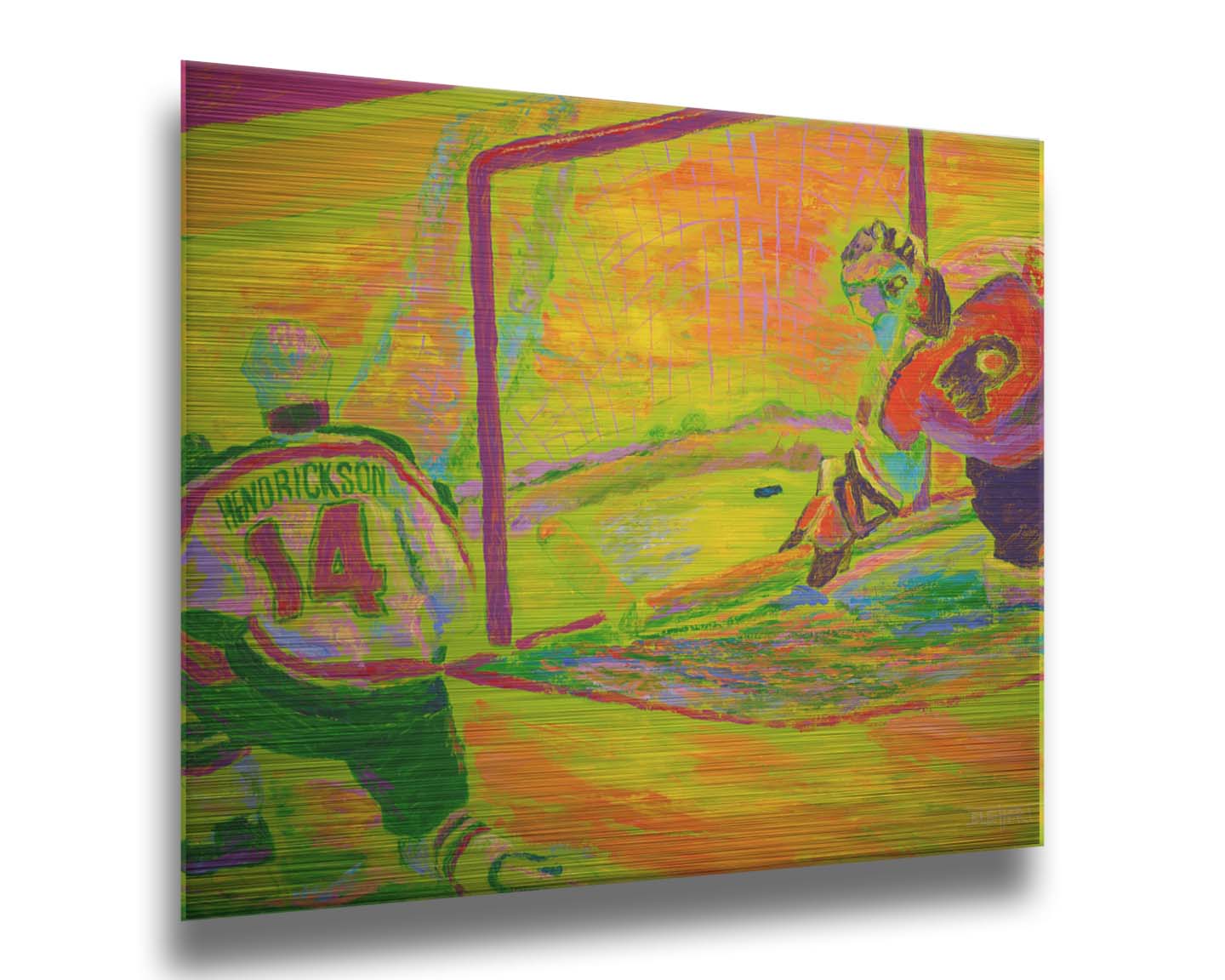 A painting of two hockey players. One tried to guard the goal, while the other successfluly has scored. The painting is made with vibrant arbitrary color, the ice being shown in bright yellows, oranges, and greens. Printed on metal.