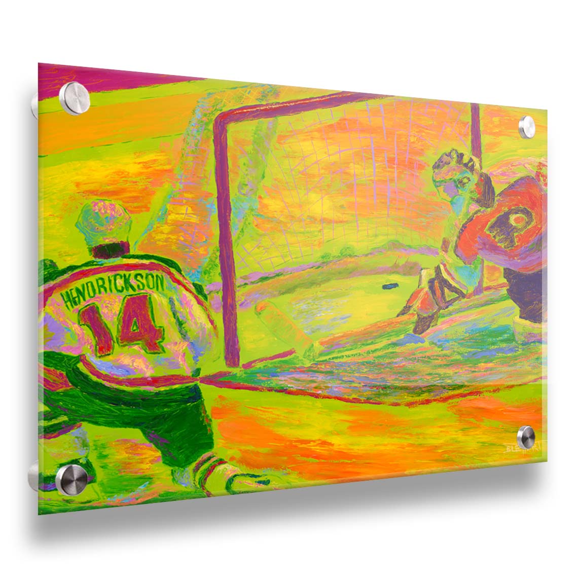 A painting of two hockey players. One tried to guard the goal, while the other successfluly has scored. The painting is made with vibrant arbitrary color, the ice being shown in bright yellows, oranges, and greens. Printed on acrylic.