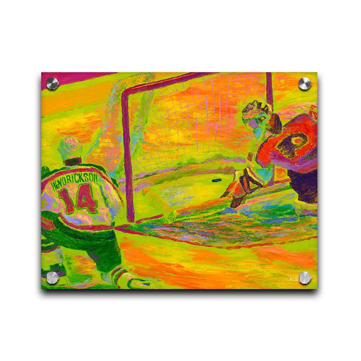 A painting of two hockey players. One tried to guard the goal, while the other successfluly has scored. The painting is made with vibrant arbitrary color, the ice being shown in bright yellows, oranges, and greens. Printed on acrylic.