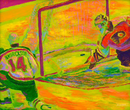 A painting of two hockey players. One tried to guard the goal, while the other successfully has scored. The painting is made with vibrant arbitrary color, the ice being shown in bright yellows, oranges, and greens.