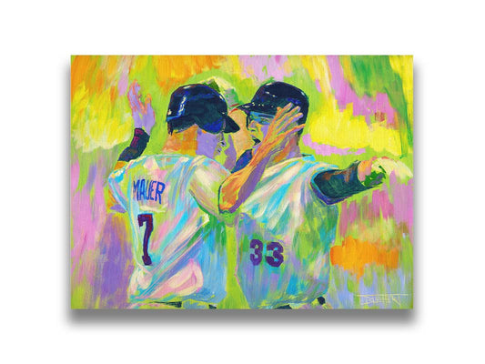 A painting of Joe Mauer and Justin Morneau from the Minnesota Twins baseball team, facing each other and talking against a yellow, pink, and green background. Printed on canvas.