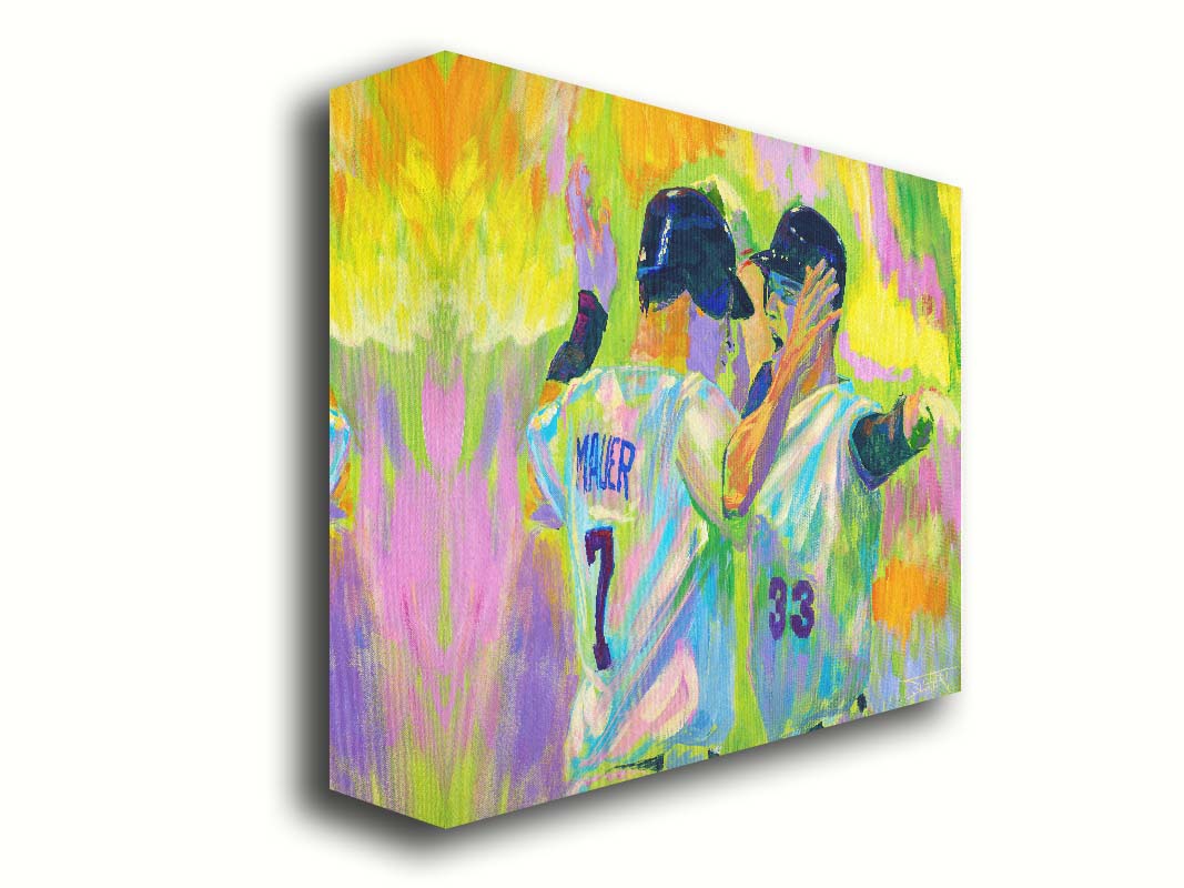 A painting of Joe Mauer and Justin Morneau from the Minnesota Twins baseball team, facing each other and talking against a yellow, pink, and green background. Printed on canvas.