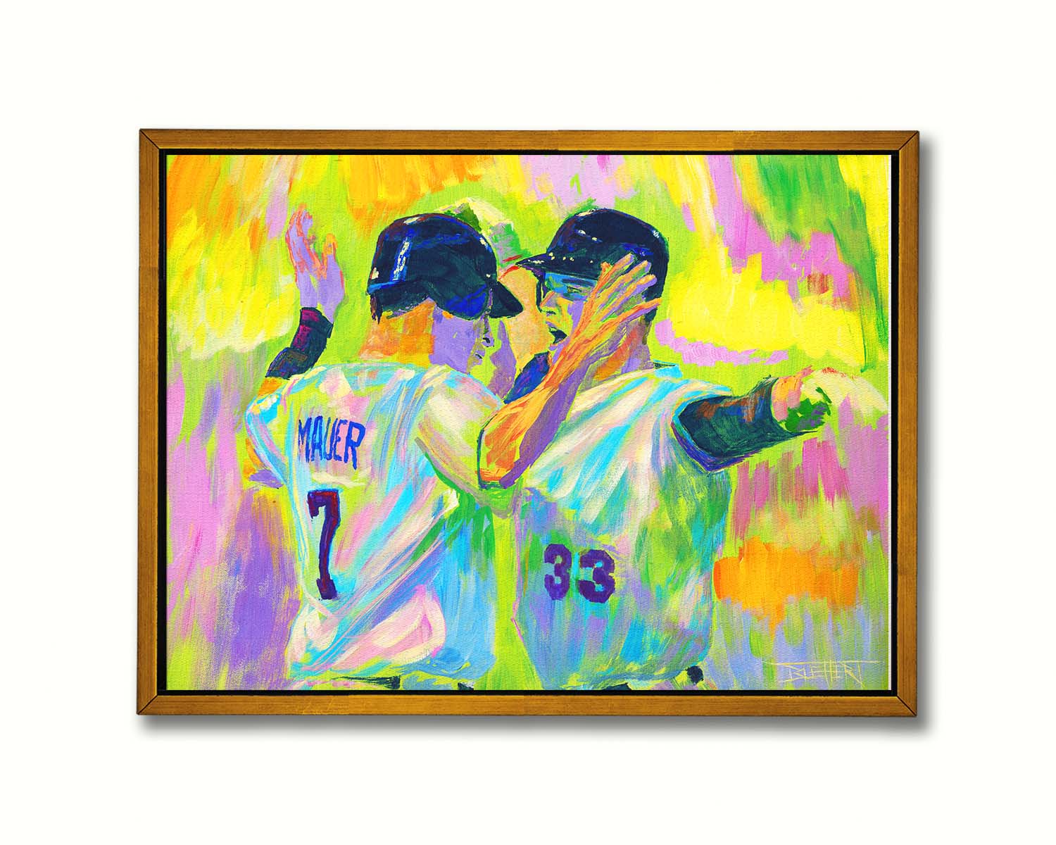 A painting of Joe Mauer and Justin Morneau from the Minnesota Twins baseball team, facing each other and talking against a yellow, pink, and green background. Printed on canvas in a float frame.