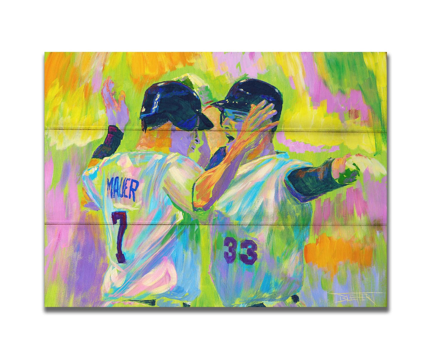 A painting of Joe Mauer and Justin Morneau from the Minnesota Twins baseball team, facing each other and talking against a yellow, pink, and green background. Printed on a box board.