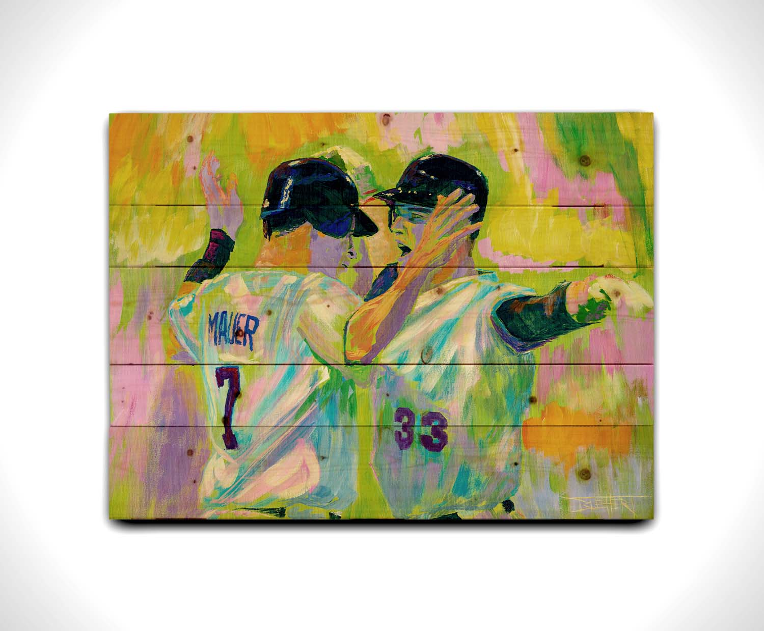 A painting of Joe Mauer and Justin Morneau from the Minnesota Twins baseball team, facing each other and talking against a yellow, pink, and green background. Printed on a wood pallet.