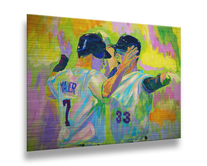 A painting of Joe Mauer and Justin Morneau from the Minnesota Twins baseball team, facing each other and talking against a yellow, pink, and green background. Printed on metal.