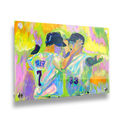 A painting of Joe Mauer and Justin Morneau from the Minnesota Twins baseball team, facing each other and talking against a yellow, pink, and green background. Printed on acrylic.