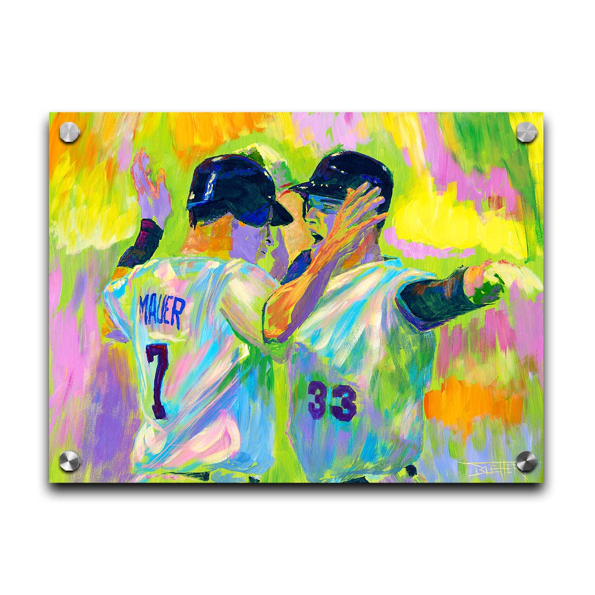 A painting of Joe Mauer and Justin Morneau from the Minnesota Twins baseball team, facing each other and talking against a yellow, pink, and green background. Printed on acrylic.