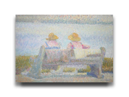 A painting of two people in sunhats, sitting on a bench overlooking a calm body of water. Created using many unblended, visible brushstrokes and pale, soft colors. Printed on canvas.