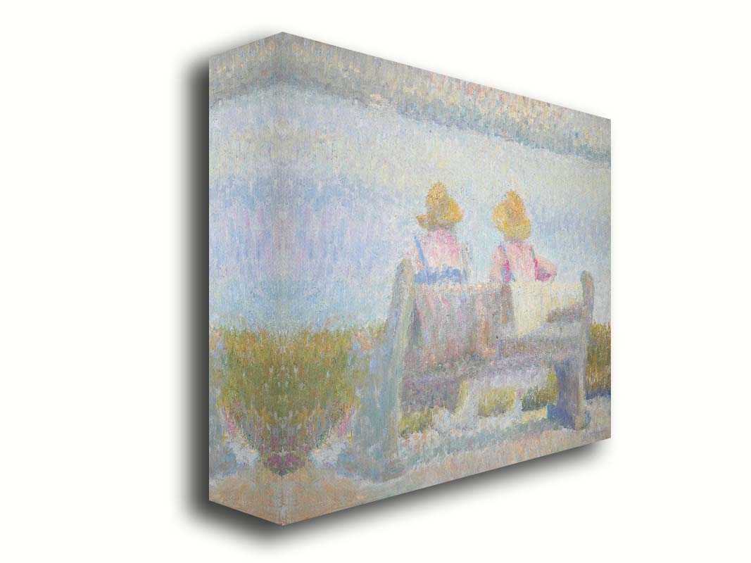 A painting of two people in sunhats, sitting on a bench overlooking a calm body of water. Created using many unblended, visible brushstrokes and pale, soft colors. Printed on canvas.