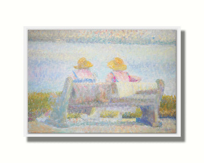 A painting of two people in sunhats, sitting on a bench overlooking a calm body of water. Created using many unblended, visible brushstrokes and pale, soft colors. Printed on canvas in a float frame.